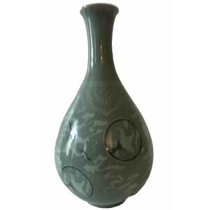 Korean Celadon Glaze Vases Clouds Flying Cranes Pattern Crackle Finish Signed